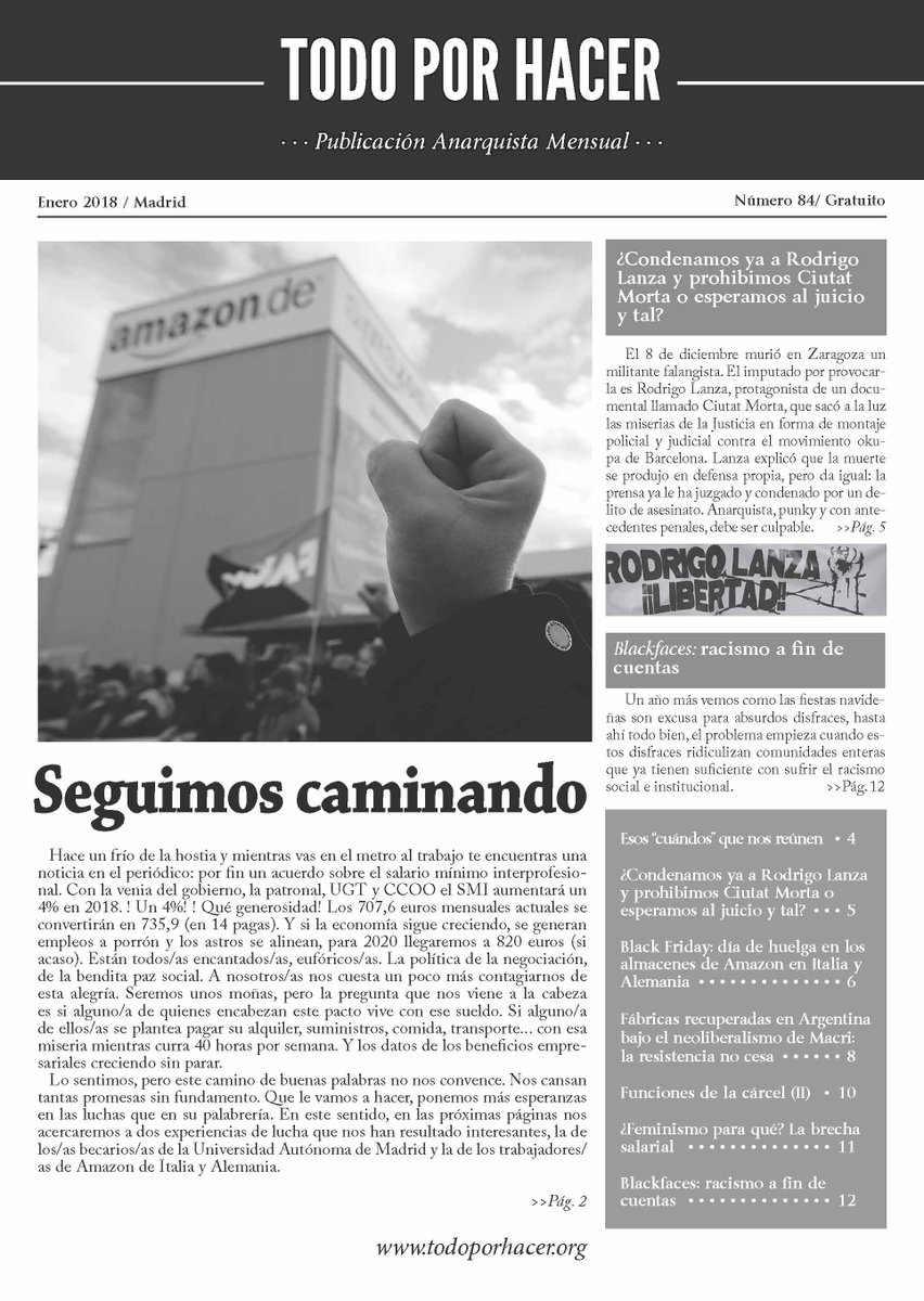 [Novedad] 
Ya está disponible en la @bsquero el número de enero de la publicación anarquista «Todo por hacer». Es gratuita y también la puedes conseguir en <a href="/CSOALaRedondaSQ/">LaRedondaSeQueda</a> y en <a href="/cnt_granada/">CNT-AIT Granada</a> <a href="/TodoPorHacer1/">Todo por Hacer</a>