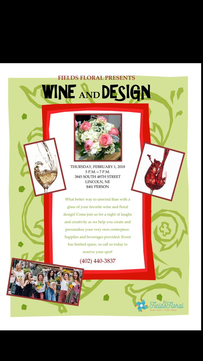fieldsflorals's tweet photo. Come join us on Thursday, February 1st, for a night of wine and design here at Fields Floral! We've got the wine ANNND the flowers to design your own personalized centerpiece. Call us now to reserve your spot. ;) #WineAndDesign #FlowerFun #FieldsFloralEvents https://t.co/3MI7RQ5eVm