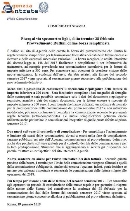 NonSoloFisco's tweet photo. +++ SPESOMETRO II SEMESTRE 2017 +++

Con comunicato del 19.01.2018 viene annunciato lo slittamaneto dell'invio dello spesometro II semestre 2017, la cui data scadenza era originariamente fissata al 28.02.2017.

#spesometro #nonsolofisco #agenziadelleentrate https://t.co/PRJ5l0lAr6