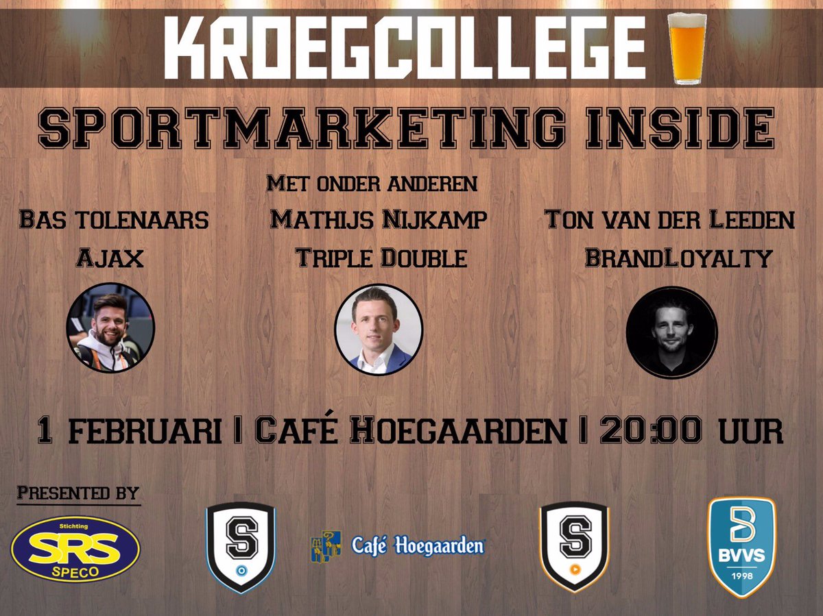 KROEGCOLLEGE (SPECO only)
Donderdag 1 februari vindt het kroegcollege Sportmarketing Inside plaats. Dit wil je zeker niet missen! Bijzondere verhalen van sprekers met een biertje en een bitterbal. Schrijf je snel in via de onderstaande link want VOL=VOL 
fontysfeht.qualtrics.com/jfe/form/SV_5t…?