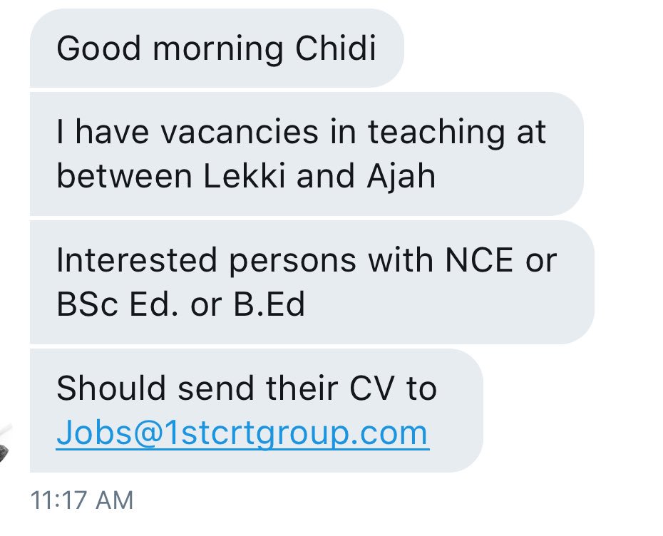 Chydee's tweet photo. Teachers between Lekki and Ajah. Send CV to Jobs@1stcrtgroup.com. #JobsTwitter https://t.co/m1JjAk84Dd