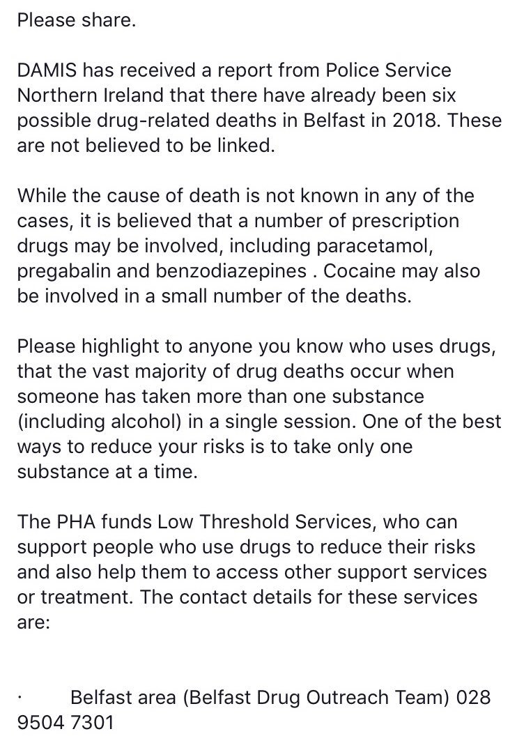 CharterNI's tweet photo. Please tag and RT. The following information from DAMIS.  Six deaths already in 2018. #onepillwillkill https://t.co/HySCOeSgDP