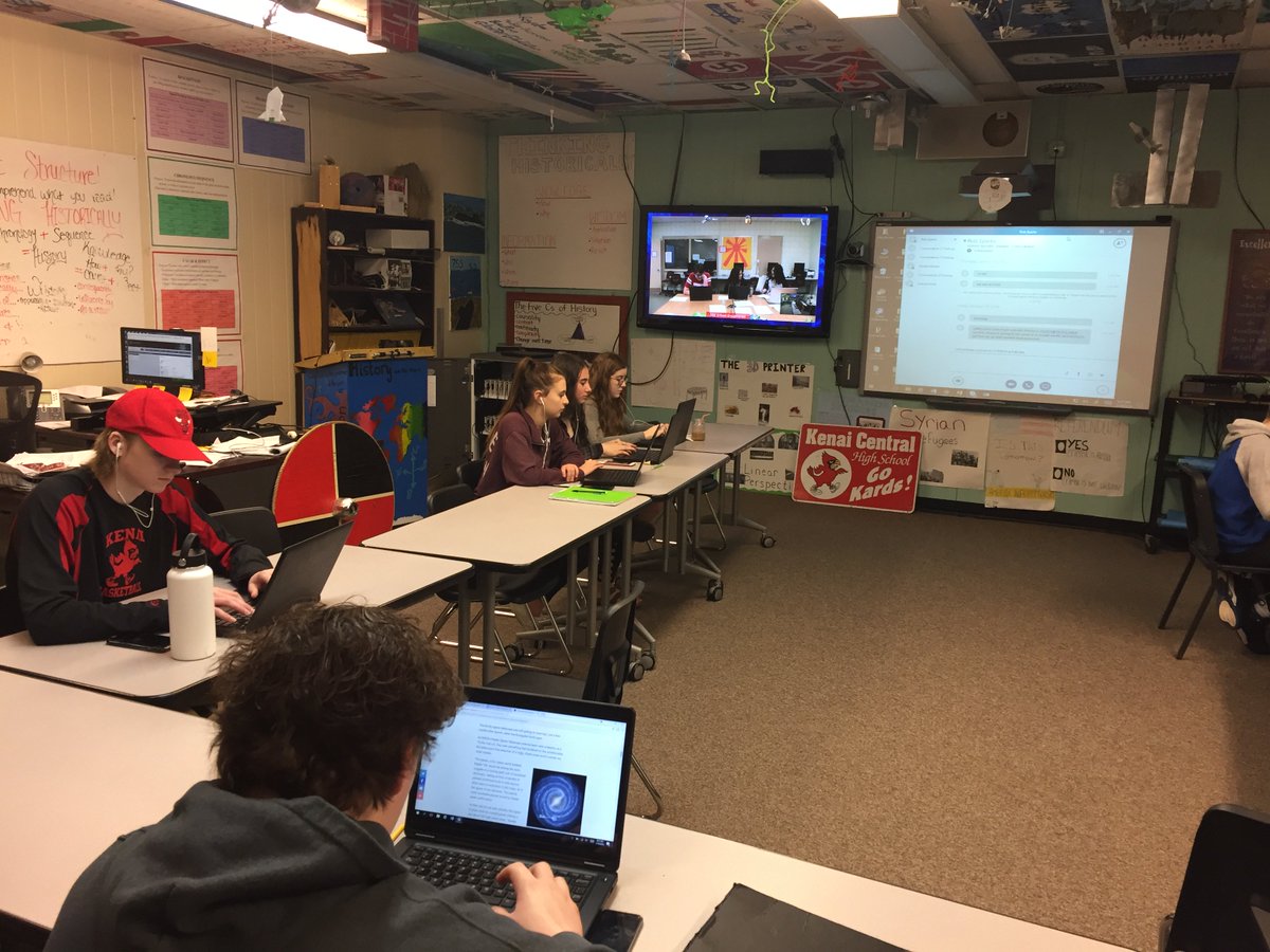 KCHSYT's tweet photo. @kchsyt Kenai High World History 2nd hour now includes remote students from #Seldovia via #VTC technology. @InnovativeEduc @AlaskaDEED Students are off to a good start. https://t.co/kFrKbwdcQ0