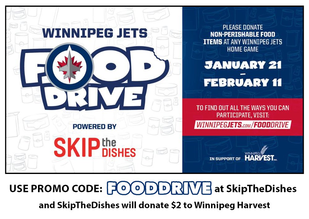 harvestmanitoba's tweet photo. We're incredibly excited to be partnering with @SkipTheDishes and @NHLJets for this food drive!
Use the promo code 'FOODDRIVE' on any @SkipTheDishes order from now until Feb. 11 and they'll donate $2 to the drive. Get ordering! https://t.co/TXIGtLQLOY