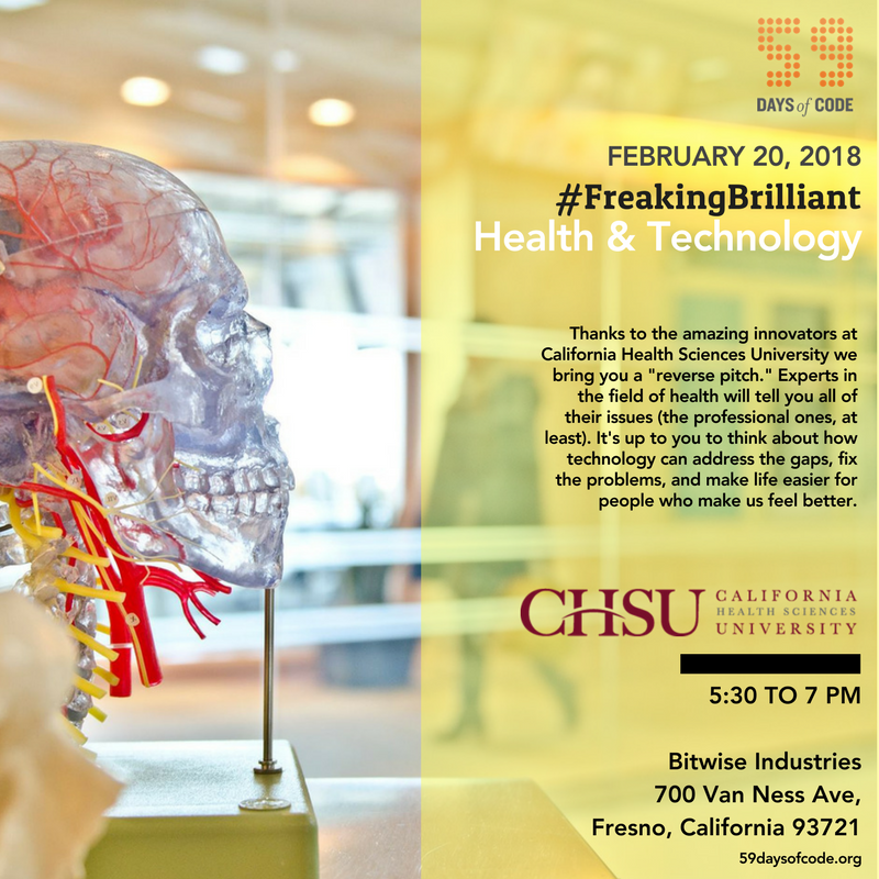 59DaysOfCode's tweet photo. Save the date for our next #FreakingBrilliant - Health &amp; Technology with speakers from @CHSUniv &amp; @CommunityMed on Feb. 20th, 5:30 to 7:00 pm, at @BitwiseFresno !  https://t.co/pzlHV18f5E
#tech #Fresno https://t.co/6bkm9R2HYY
