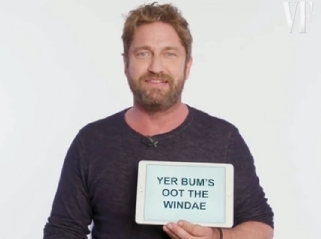 TheScotsman's tweet photo. Gerard Butler explains Glasgow slang to Americans for Vanity Fair https://t.co/SAsN0DOAI2 https://t.co/yRElqIIYg1