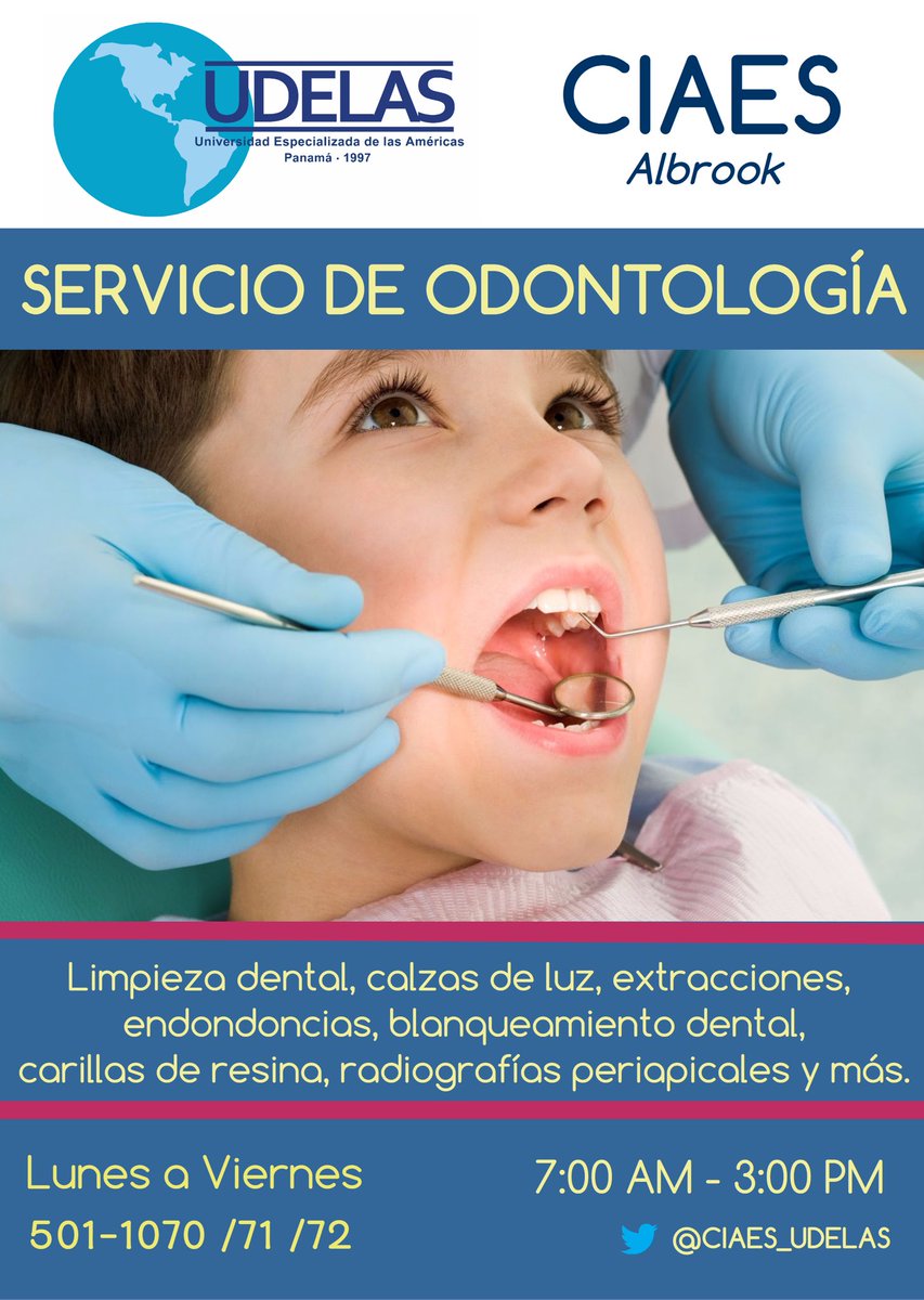 CIAES_UDELAS's tweet photo. @ElisCastilloQ @udelasoficial Un cordial saludo. En efecto, contamos con el servicio de odontología.
Estamos ubicados en Albrook, planta baja del edificio 850, frente a la piscina de Albrook y detrás del Ministerio de Ambiente. Nos puede localizar en Waze como: “Clínica UDELAS CIAES”. https://t.co/VaBtyj7ddy