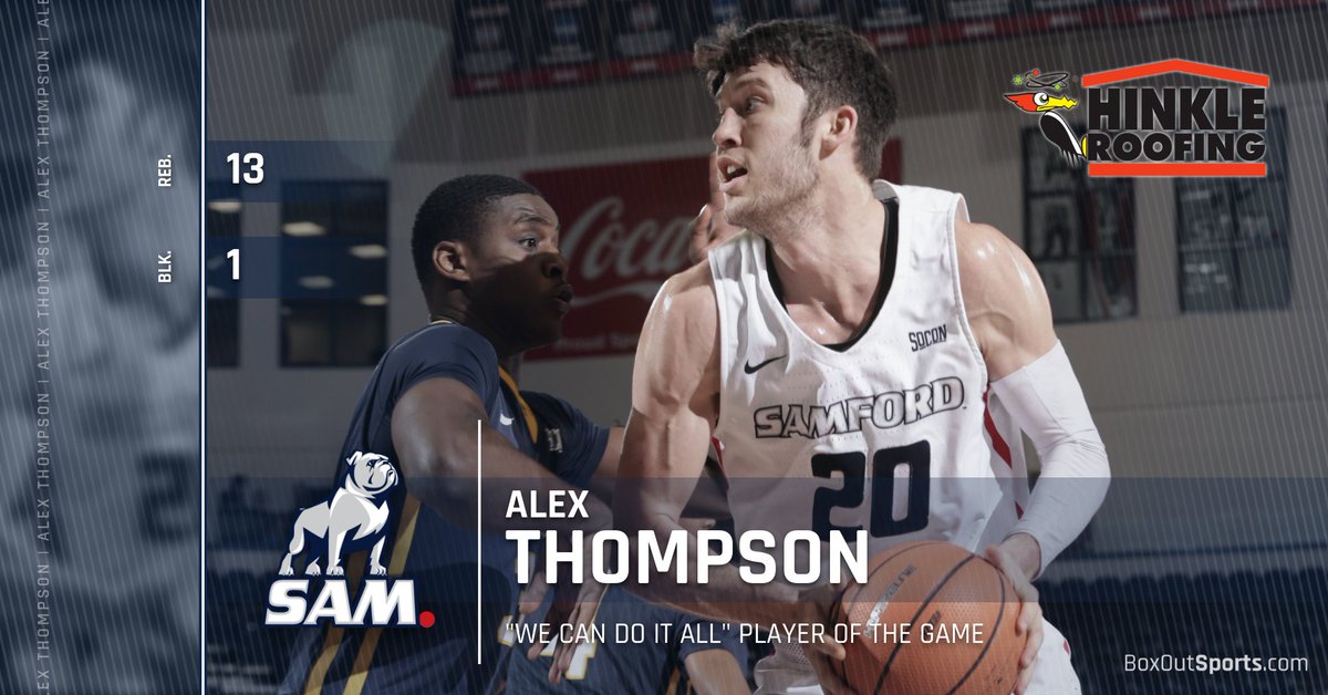 SamfordSports's tweet image. Alex Thompson was last night's “We Can Do It All,” Player of the Game, brought to you by Hinkle Roofing! Join us at home again, on January 27th, at 7PM, in the Pete Hanna Center and see who our next Do It All Player of the Game will be!