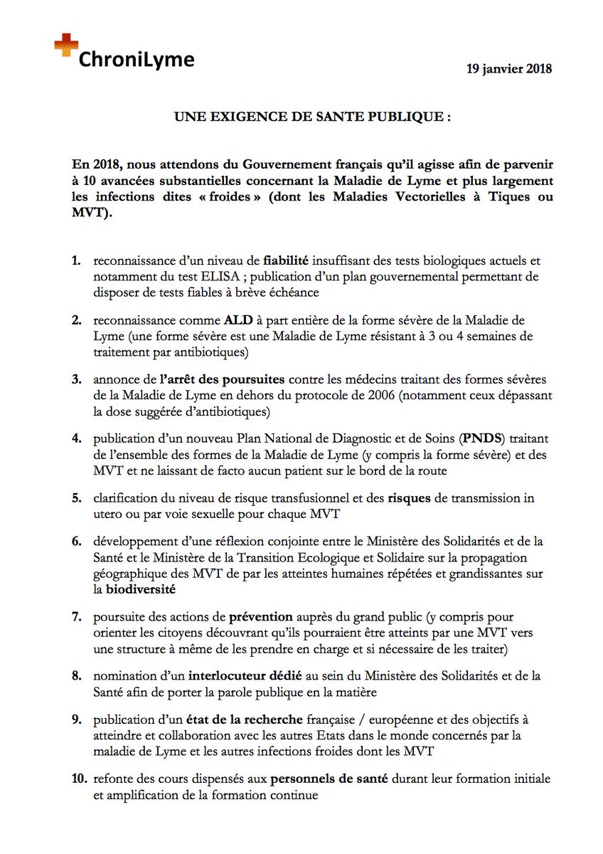 ChroniLyme's tweet photo. Veuillez trouver ci-joint le manifeste que nous adressons au Gouvernement français concernant la #MaladiedeLyme &amp; ses co-infections

Nous y énumérons les avancées requises en 2018 étant donné la situation actuelle

@gouvernementFR
@MinSoliSante @agnesbuzyn @sophie_ferracci
#Lyme https://t.co/f0NmmojvSV