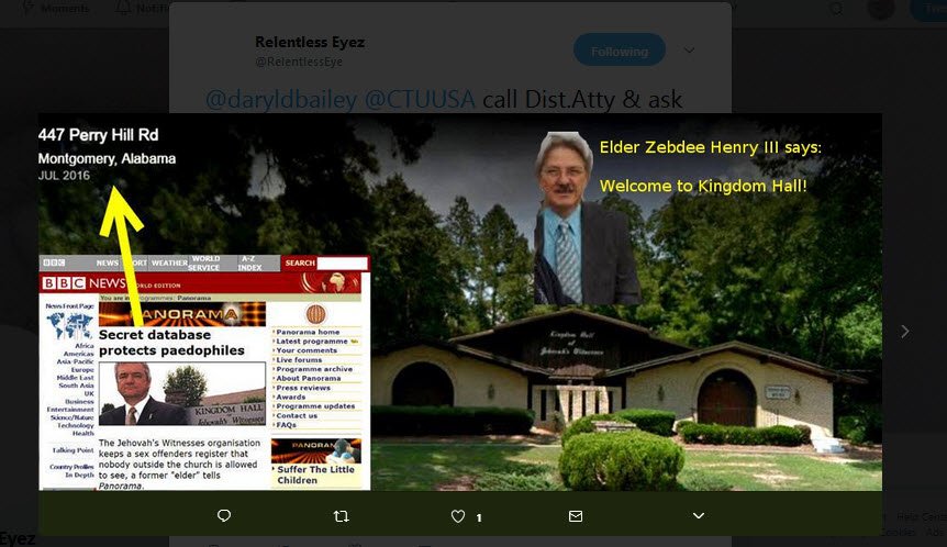 RelentlessEye's tweet photo. #Zeb #Henry #Zebedee #Henry = pedophile enabler for #JWorg. Enforces 2 Witness rule. bullies victims #Transvestite #Apostates https://t.co/gbXDgHbyGg