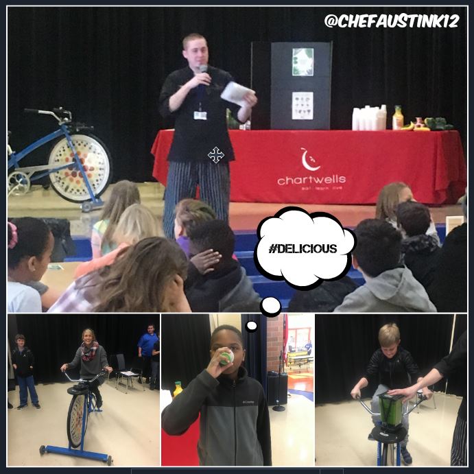 ChefAustinK12's tweet photo. Nutritional Education class and smoothie bike tasting @Lindenleopards. Students learned about Dark Leafy Greens as well as got to try a Kale smoothie made on the front of a smoothie bike, tons of fun! https://t.co/qjDVsUYO6k
