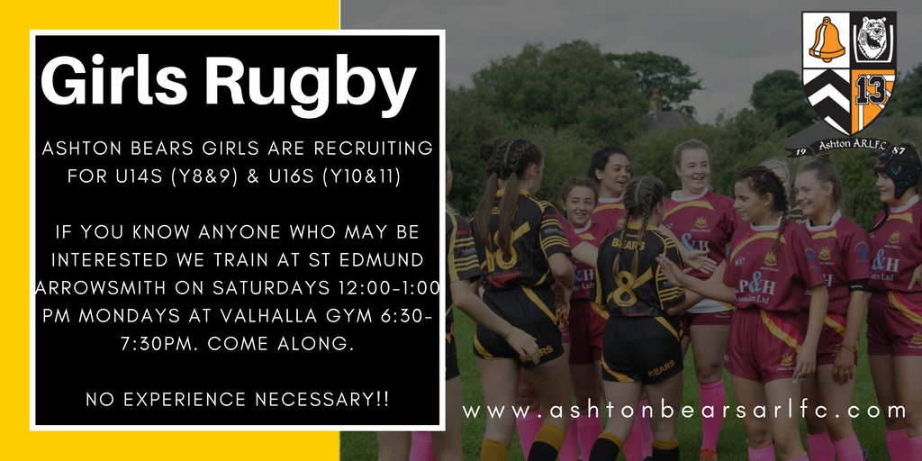 AshtonBears's tweet photo. GIRLS PLAY RUGBY
PLEASE RT

@EDDIESRL 
@TeamCansfieldPE 
@ByrchallPE 
@HaydockHigh 
@HopeAcademyPE 
@BrynStPeters 
@HawkleyHallPE 
@GolborneHigh 
@LowtonCofEHigh 
@rlhughesAIM 
@nicolmereschool 
@ashtonwilfridRC
@ourladysbryn
@saintoswalds
@StAidansSchool1 https://t.co/ZEt5owvqjx
