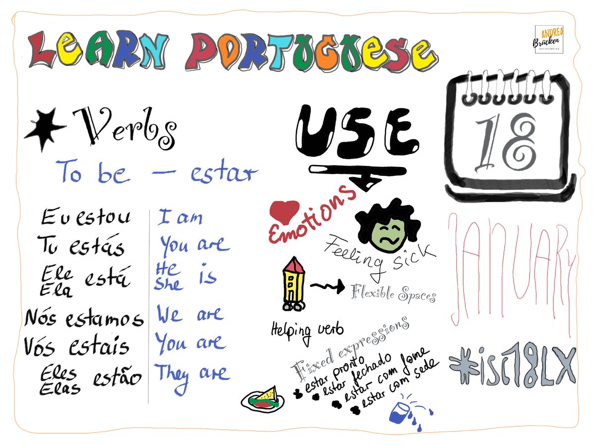 dieHauteCulture's tweet photo. Referring to the post of January 13th: Here is the verb “estar” for “to be”. I will post a comparison soon with the verb “ser” which is used in different circumstances. #todaysdoodle #isc18LX #flow40 #learnportuguese https://t.co/mCOa6EwxIl