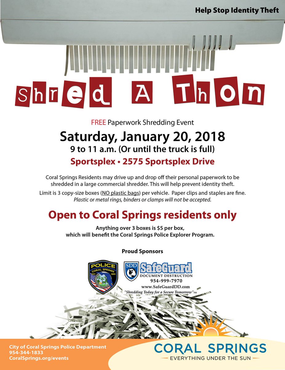CoralSpringsFL's tweet photo. Tomorrow is our Shredathon! Stop by the Sportsplex on Sat., Jan 20 from 9 to 11am (or until truck is full!) #freeshredding #coralsprings https://t.co/lBYzEyAyDM