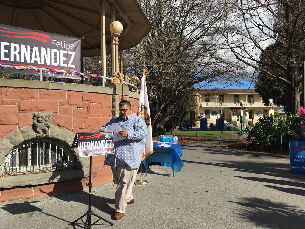 ReporterJess's tweet photo. Watsonville City Councilman Felipe Hernandez announcing bid for Santa Cruz County Board of Supervisors, opposing Greg Caput in June. #scsrt https://t.co/pWOqOAnk34