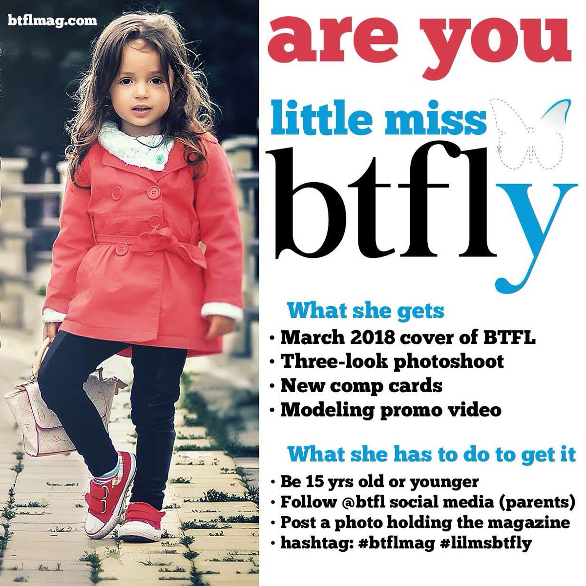 btflmag's tweet photo. Is your daughter little miss butterfly? Deadline is February 5th #btflmag #lilmsbtfly #kidspageants #kidmodels https://t.co/NdgCfWpYNq