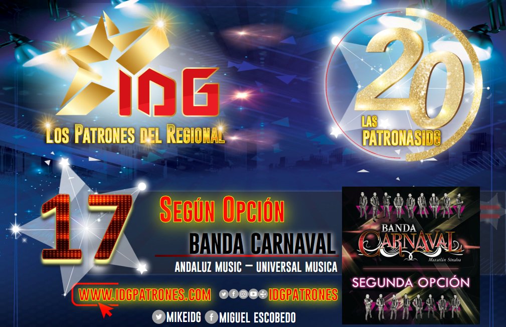 idgruperaofi's tweet photo. #Las20PatronasIDG #ChartMusical #Luga17 #Igual SEGUNDA OPCIÓN @_bandacarnaval por https://t.co/4ctF77j3B5 #LosPatronesdelRegional con @mikeidg #BuenViernes #FelizFinde #IDGRadio #RT @andaluzmusicofi @AndaluzMusic @UMusicMexico @UniversalMusica @FonovisaRecords https://t.co/ni0SynojtC