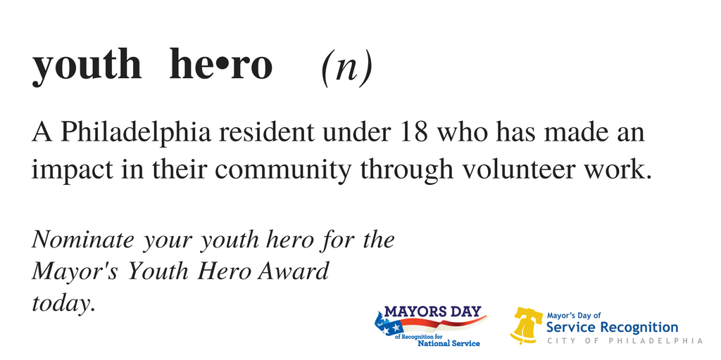 PhilaParkandRec's tweet photo. Do you know a youth hero in Philadelphia? Nominate them to be honored in @MayorKenney's Day of Service Ceremony ➡️ https://t.co/5bqZuOtxQ9 #mayor4service
#PhillyHeroes https://t.co/DzNI889UNY