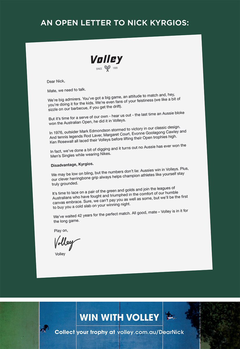 VolleyAustralia (@volleyaustralia) on Twitter photo Open Letter to <a href="/NickKyrgios/">Nicholas Kyrgios</a> from us at Volley and the "Prime Minister"
<a href="/lawrencemooney/">Lawrence Mooney</a>
Read more here: volley.com.au/dearnick Open Letter to <a href="/NickKyrgios/">Nicholas Kyrgios</a> from us at Volley and the "Prime Minister"
<a href="/lawrencemooney/">Lawrence Mooney</a>
Read more here: volley.com.au/dearnick