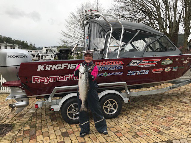 NWDerbySeries's tweet photo. New fish leaderboard at the Roche Harbor Salmon Classic a 12 pound-14 ounce hatchery chinook caught by Emily Ethen of Seattle! What will it take to win the top prize? I think a much bigger! BTW nice NMTA NW Salmon Derby Series Boat in background. @SeattleBoatShow @NMTA https://t.co/pNmQLJ0JWA