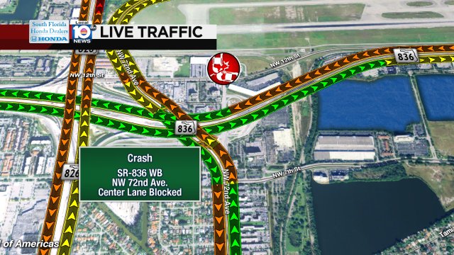 CRASH: SR-836 WB & NW 72nd Ave. A center lane is blocked; delays stretch back to I-95. #TRAFFIC #MIAMI https://t.co/e3TXSQNXxm