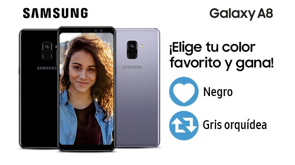 ¿Quieres ganar un #SamsungGalaxyA8? Selecciona tu color favorito utilizando RT o Me gusta y haz de todo una historia. ¡Participa y podrás ganar!