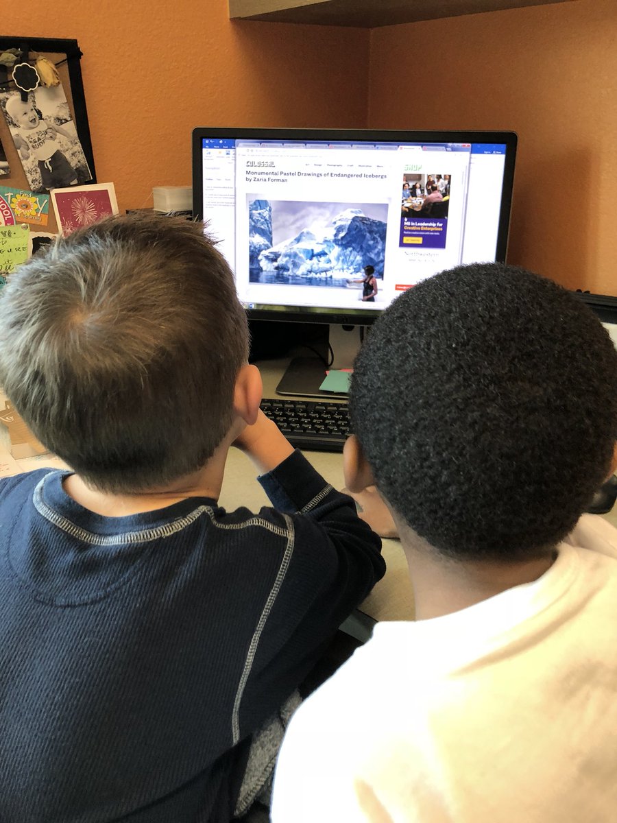 Ratka_K's tweet photo. Inspired by the breathtaking pastel drawings of environmental artist Zaria Forman @BardorfM ‘s second graders try out the medium to represent the Northern Lights #TCS #artsintegration #inquiryjourneys https://t.co/f07Klc8cre