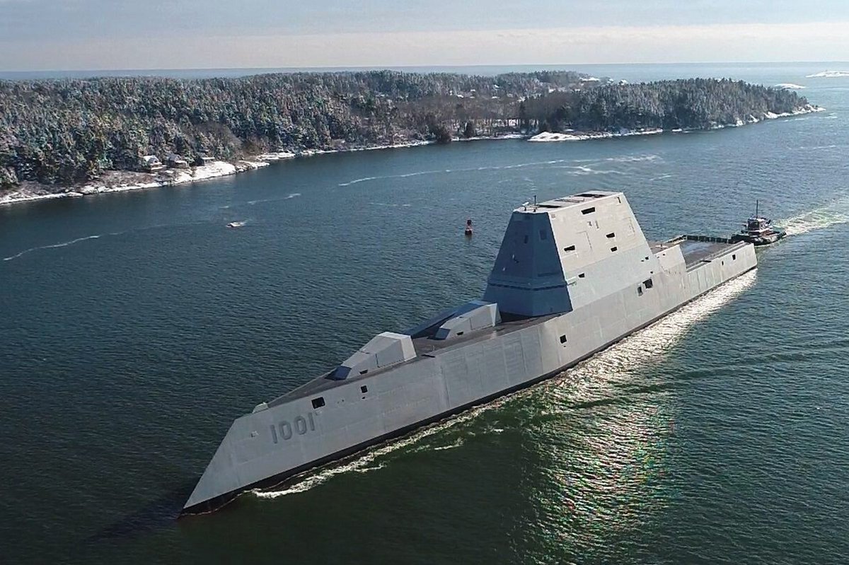 MICHAEL #MONSOOR DDG1001, second #destroyer of the DDG1000 #Zumwalt-class, heading back up the Kennebec River in #Maine today to return to Bath Iron Works after successful builder's sea trials.