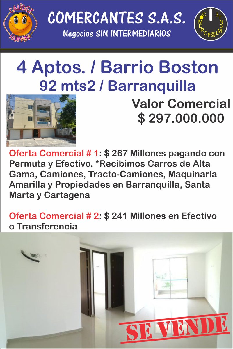 calidezhumana's tweet image. #VENDEMOS #DIRECTAMENTE
4 #apartamentos en #Barranquilla / Barrio Boston
92 mts2 / 3 Hab. / 2 Baños / Cocina Integral / 1 Parqueadero | Vr. Comercial $ 297 Millones / Vr. #Permuta $ 267 Millones / Vr. Efectivo $ 241 Millones
WhatsApp: 315 543 76 76 | servicio@calidezhumana.com