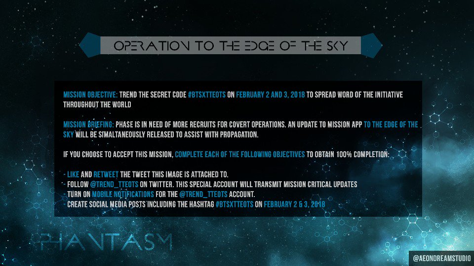 INITIALIZING... 

PHASe PROTOCOL pod_18020203 ACTIVE

...SEARCHING FOR AUTHORIZATION CODE...

... SEARCHING ...

AUTHORIZATION CODE: ...ACCEPTED

WELCOME CODENAME_SEVEN 

PHASe OPERATIVE DATABASE STATUS: OPEN

VIEW OPERATIVE: ...CODENAME_THREE

[YES]/NO

#TTEOTS #BTSxTTEOTS