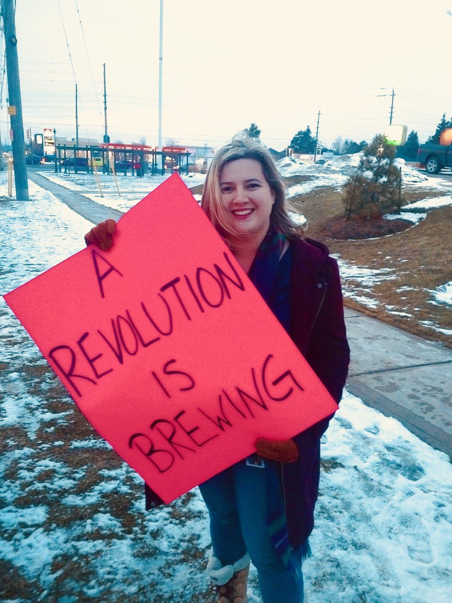 WeAreOshawa's tweet photo. The squad was out again @TimHortons in Oshawa. Protesting #BadBosses and their unwillingness to pay their workers #15andFairness. #IStandWithTimHortons #TimHortons https://t.co/wrPTX0W3Y5