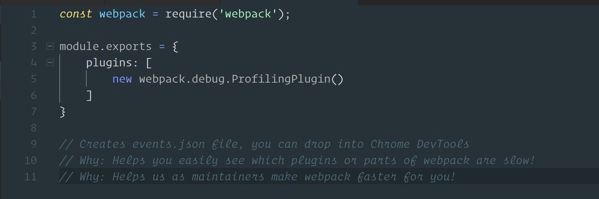 🔥🎉🔥🎉New webpack.debug.ProfilingPlugin() is available to a #next branch near you!!! yarn add webpack@webpack/webpack#next 
You can add it with a tiny config since we have #0CJS #webpack out of the box now. Kudos to 🐐<a href="/samccone/">Sam Saccone</a> 🐐 for this work. 🔥🎉🔥🎉
github.com/webpack/webpac…
