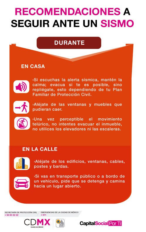 #DuranteSismo Una vez perceptible el sismo, no intentes evacuar el inmueble, no uses las escaleras, menos el elevador.