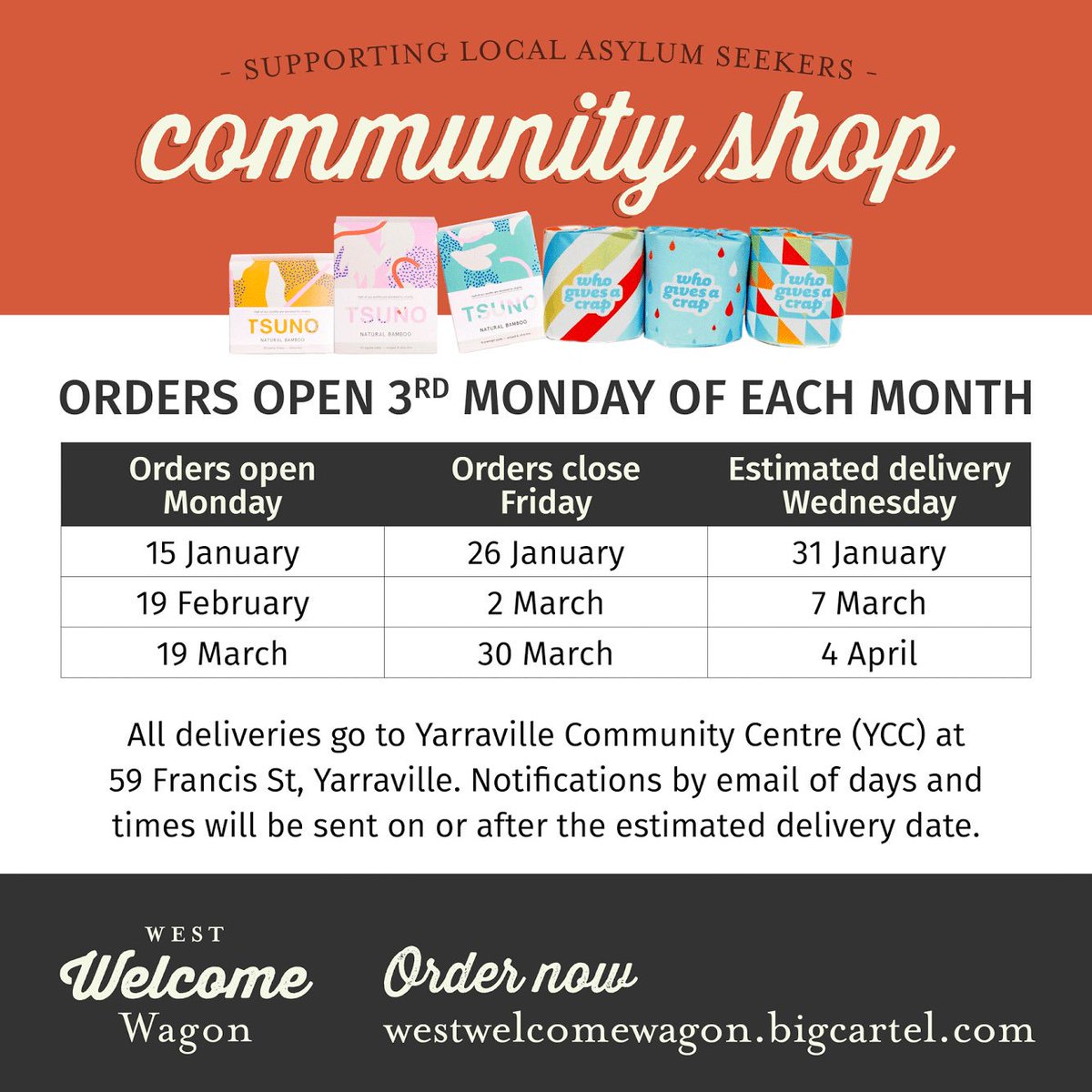Add these dates to your calendar for our co-op order timeframes #communitystore #supportingasylumseekers
