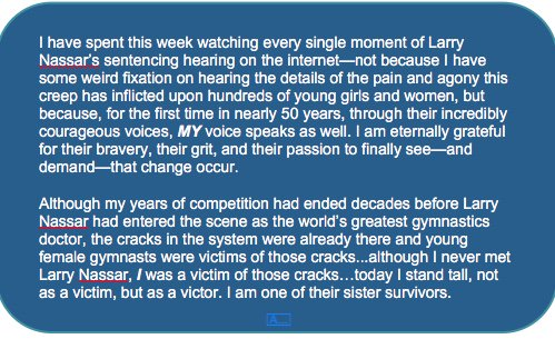 kelellis's tweet photo. I owe a debt of gratitude to @Aly_Raisman, @jordyn_wieber, @lindseylemke and McKayla Maroney for their bravery and courage. #metoo #silentnomore #sistersurvivor #ihaveavoice https://t.co/IQfcmCJ2F1