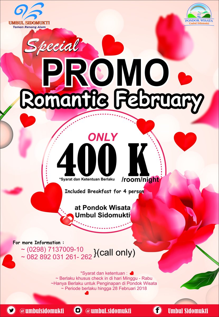 Pondok wisata Umbul Sidomukti Ada Promo Spesial di Bulan Februari 😍
Only Rp. 400.000,-/room/malam.
Harga Sudah termasuk Breakfast untuk 4 orang.
Ayo buruan reservasi guys
Untuk informasi &amp; reservasi silahkan bisa hubungi kami di (0298) 7137009-10
atau 082892031261-262 call only
