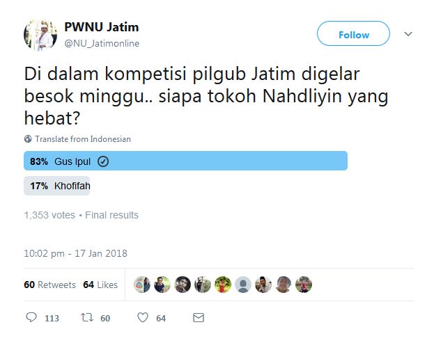 Akun <a href="/NU_Jatimonline/">nujatim</a> ini akun resminya PWNU apa bukan? Kemaren sempat buat polling, sekarang sudah hilang. Mohon maaf kalau kiranya bukan akun resmi PWNU jangan disalahgunakan.