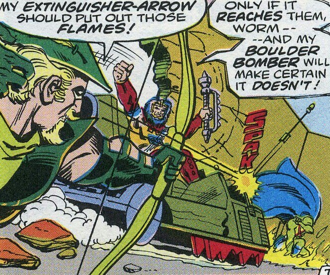 <a href="/Kalibak_/">Kalibak the Cruel,Brother of Orion,Son of Darkseid</a> breaks through the wall in His Boulder Bomber to find Himself challenged by #GreenArrow. #Arrow quickly figures out the folly of his ways as his bow and arrows have no effect on Kalibak's <a href="/Apokolips_Now/">Apokolips CΩmeth</a> God Weapon tech.