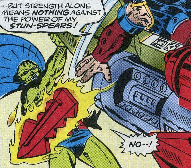 Kalibak repels boarders to His Boulder Bomber as #MartianManhunter attacks! Knowing His enemy's weakness to fire, Kalibak uses one of the flaming swords from His vehicle to dissuade #JonnJonnz from any further aggression.