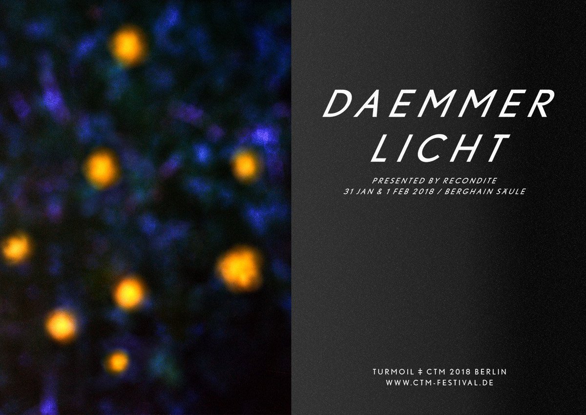 CTMFestival's tweet photo. "Daemmerlicht" is Recondite’s upcoming fifth album &amp; immersive live AV show, developed for the cavernous space of Berghain’s Säule. Suggestive interpretations of ambient, electronica, classical &amp; hip hop soundscapes fold into violet and dark blue atmospheres. #turmoil https://t.co/Ih0ZMb5eep