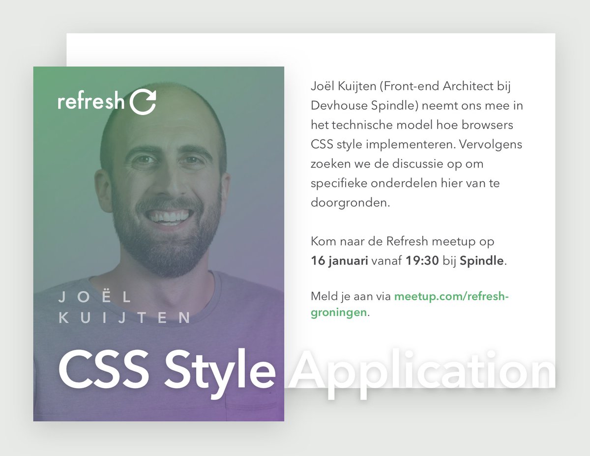 Refresh met Joël Kuijten (<a href="/PM5544/">喜神</a>) over het technische model van CSS. Nog een paar plekjes vrij bij sponsor <a href="/wearespindle/">Devhouse Spindle</a>. 😎 meetup.com/refresh-gronin…
