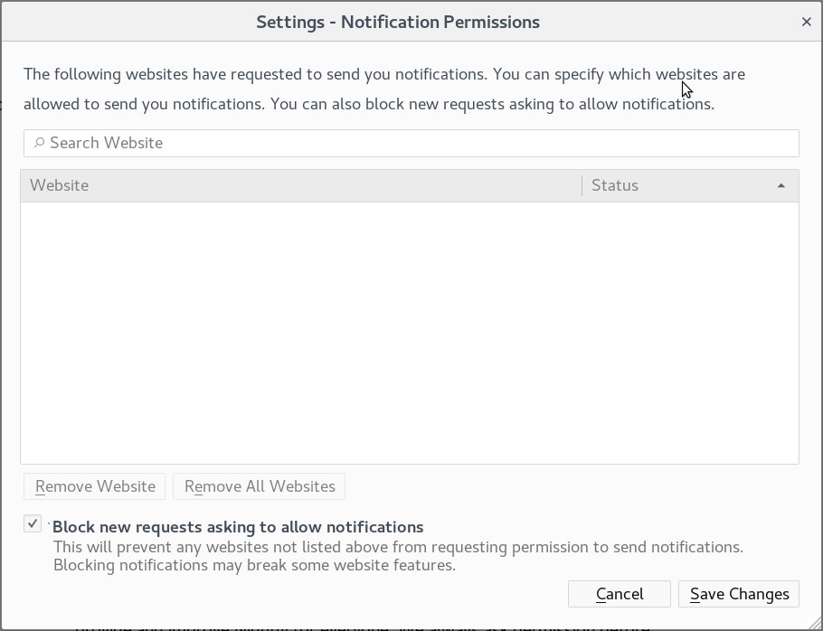 Preferences dialog box with new push notification blocking