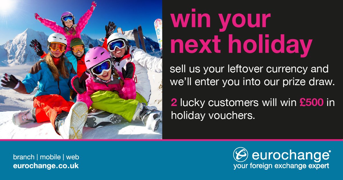 Want to win £500 in holiday vouchers? Us too!

For your chance to win, all you need to do is sell <a href="/eurochangeFX/">eurochange</a>  your leftover currency and complete the entry form here: 
bit.ly/2CFtbQW  (T&amp;C's apply)