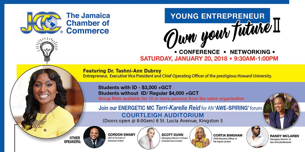 jamaicacommerce's tweet photo. Contact #JCC for tickets to the  #JCCYoungEntrepConference. You could win Prizes from some of our #sponsors #FirstGlobalBank #C&amp;WBusiness #SolPetroleum &amp; #HeartTrust/NTA. Other sponsors #ScotiaBank #MussonFoundation #JamaicaPegaus #Docutech &amp; #Superlotto https://t.co/WpSml9uNEQ