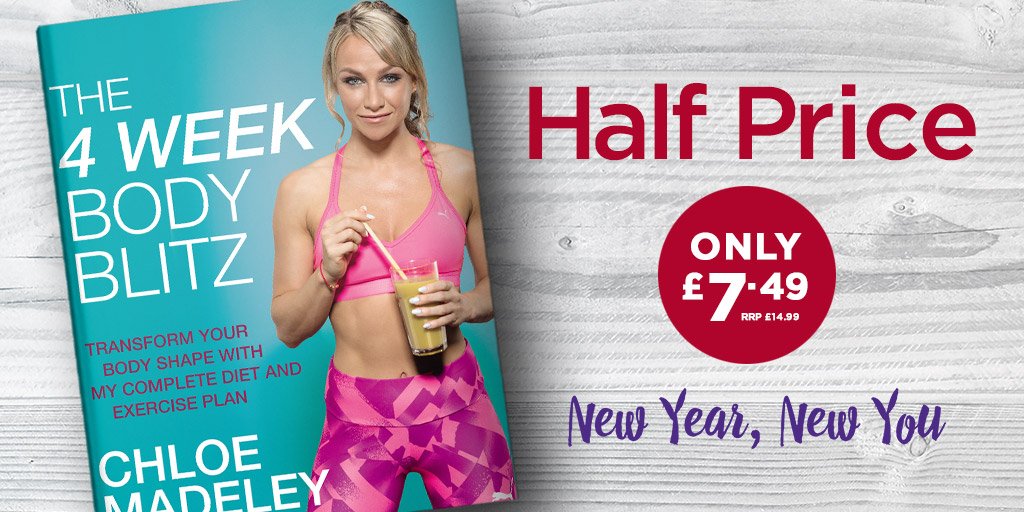 WHSmith's tweet photo. Still feeling a bit 'meh' after Christmas 😣?! Don't worry, @MadeleyChloe is here to help with her '4 Week Body Blitz!'! Full of tasty recipes &amp; exercise to help transform your body shape! AND fab news, it's half price in our High Street stores! #WHSOffers https://t.co/o3YJNiFMSR