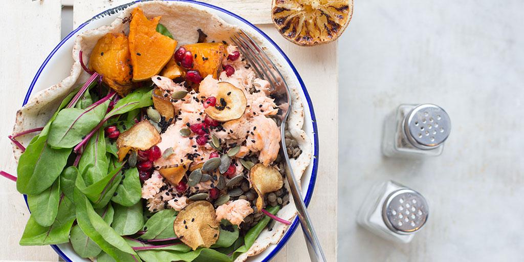 Push through the Monday lunchtime slump with our super healthy and tasty Salmon Teriyaki Salad with Roast Butternut Squash, Baby Red Chard Leaves, Black Puy Lentils, Pumpkin Seeds &amp; Jerusalem Artichokes #AutumnYard #Hackney #Lunchtime #SaladDays #MondayMotivation