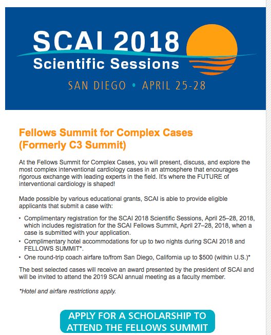 chadialraies's tweet image. Fellows...Submit your challenging case to receive free trip to #SCAI18 and get invited as faculty to #SCAI19  bit.ly/2CTCOik