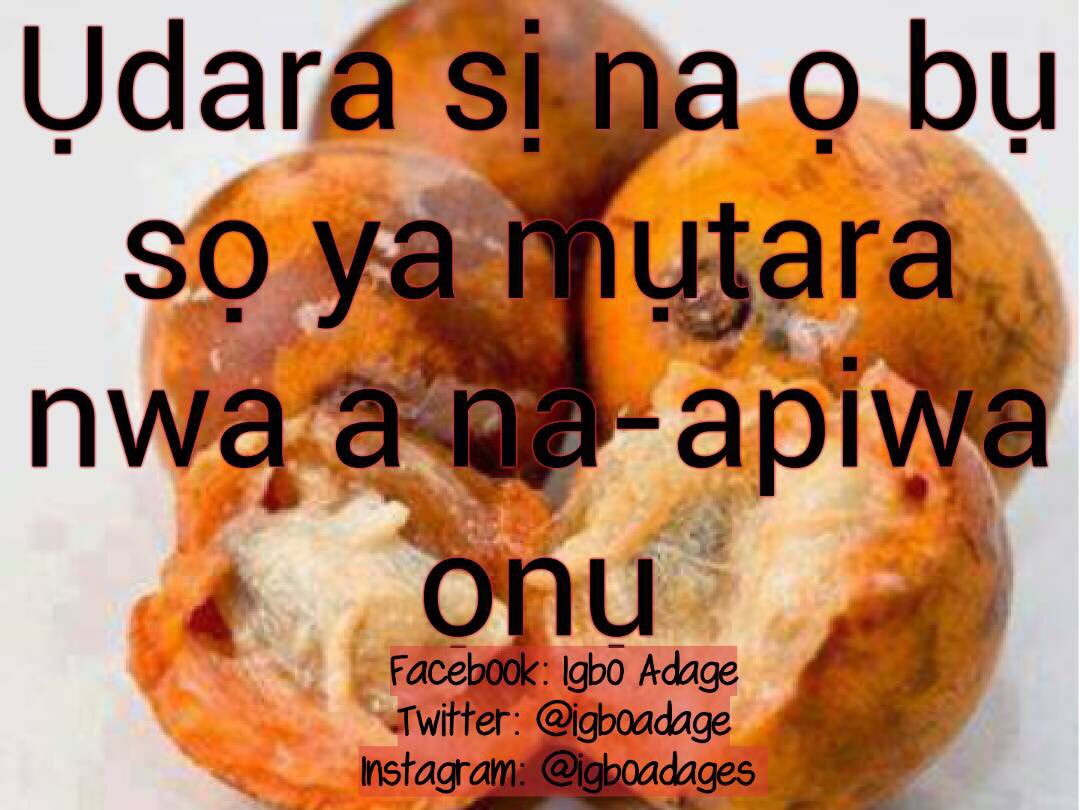 Igboadage's tweet photo. Ụdara si na ọ bụ sọsọ ya mụtara nwa ana apiwa ọnụ

ENG Translation: The "ụdara" friut said she is only one whose children get there lips squeezed. 

Meaning: Every one would occasionally feel they are being treated unjustly. https://t.co/pZfnc4ketK