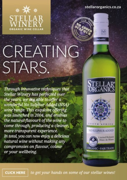 StellarOrganic's tweet photo. You can read the last 2017 issue of Simply Green, a South African digimag about eco-business and lifestyle by clicking on this link: https://t.co/nTobzTqMTy - While you are there, check out our ad on page 95! #VeganWine #OrganicWine #StellarWinery @SimplyGreenZA https://t.co/AtLce2umdu