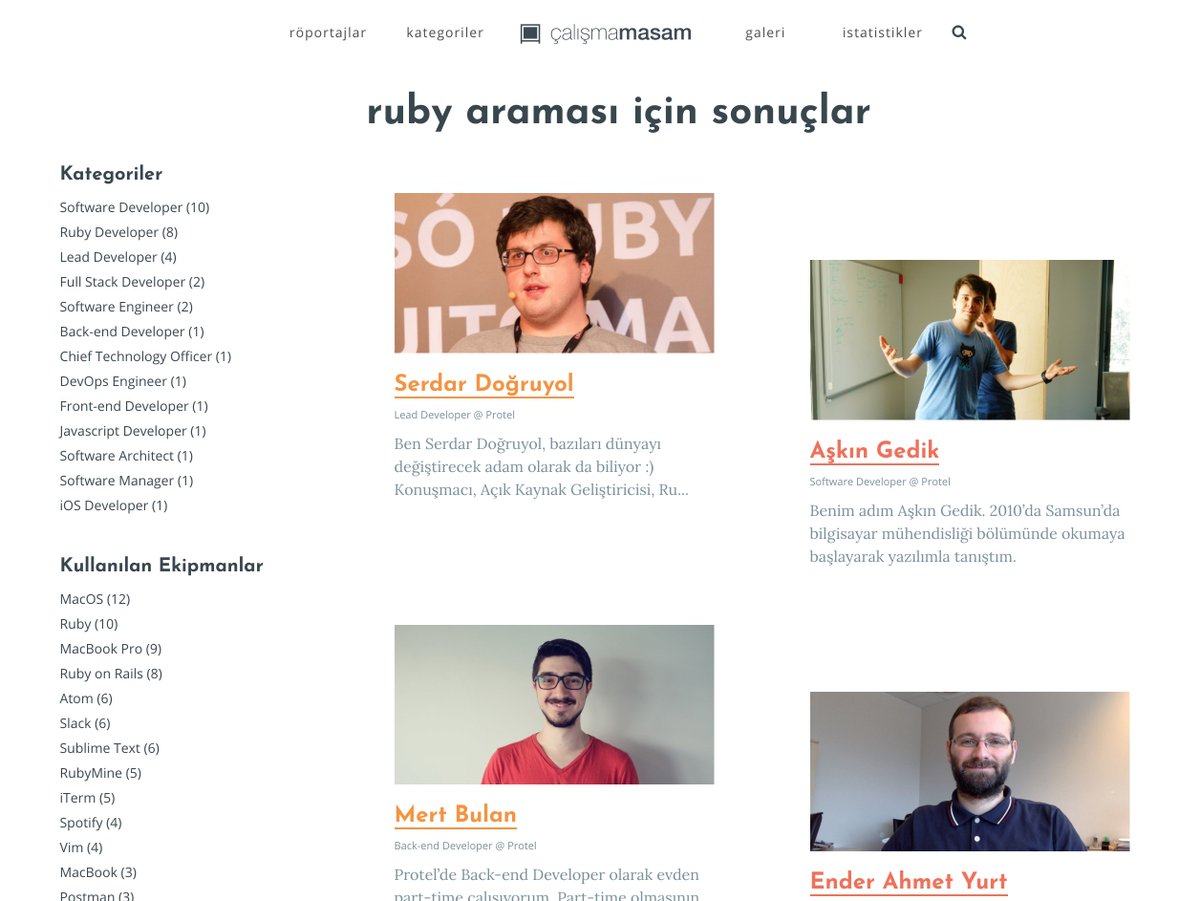 Arama sayfalarımızı filtreler ile birlikte güçlendirerek tekrar yayına aldık. Aramak istediğiniz kelimeyi yazdıktan sonra kategori, ekipman ve şirkete göre filtreleyebilirsiniz. 🎉

calismamasam.com/ara/ruby